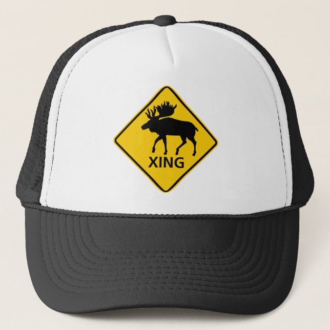 Moose Crossing Highway Sign Trucker Hat (Front)