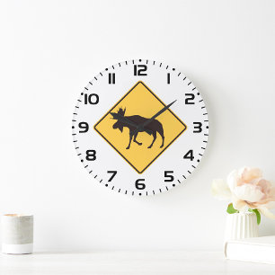 Moose Crossing Road Sign Wildlife Safety Large Clock