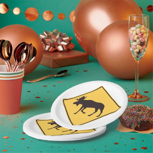 Moose Crossing Road Sign Wildlife Safety Paper Plate