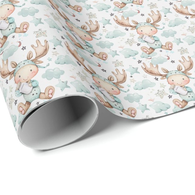 Moose Cute Baby Pastel Watercolor Pattern  Wrapping Paper (Roll Corner)