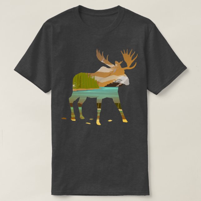 Moose Double Exposed to Happy Nature Scene T-Shirt (Design Front)