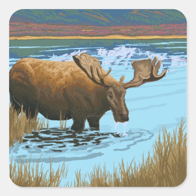 Moose Drinking at Lake - Yellowstone National Square Sticker (Front)