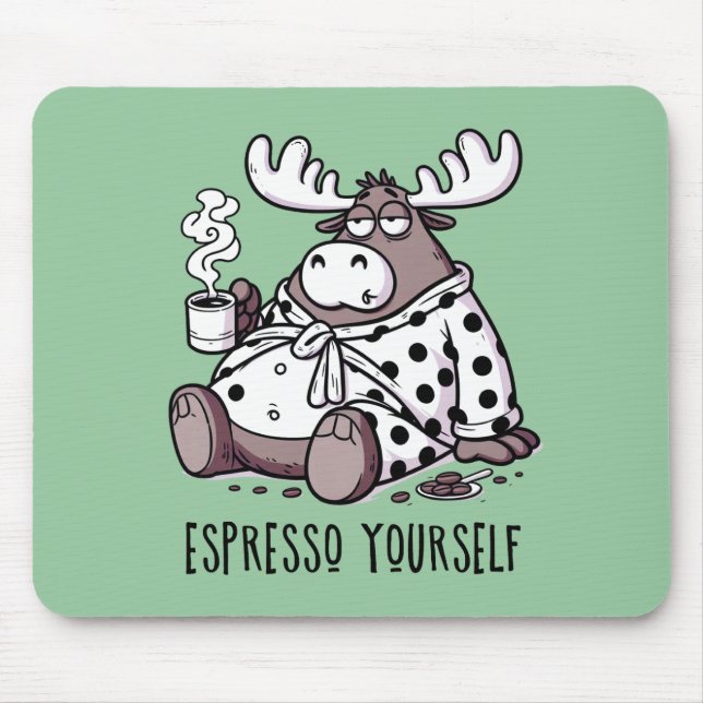 Moose Drinking Coffee in a Polka Dot Robe Mouse Pad (Front)