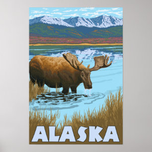 Moose Drinking Water Vintage Travel Poster