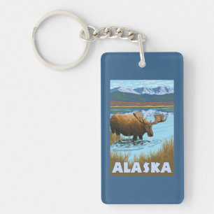 Moose Drinking Water Vintage Travel Poster Key Ring