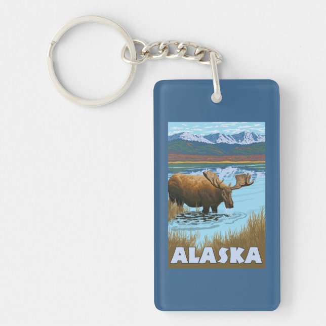 Moose Drinking Water Vintage Travel Poster Key Ring (Front)