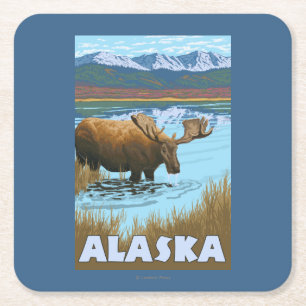 Moose Drinking Water Vintage Travel Poster Square Paper Coaster