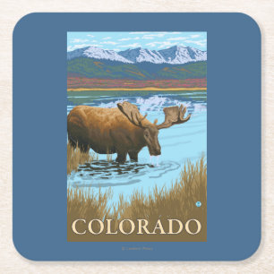 Moose DrinkingColorado Square Paper Coaster