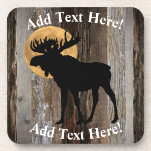 Moose Full Moon Rustic Barn Board Rustic Wood Coaster