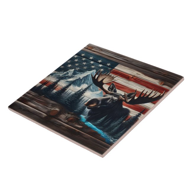 Moose Head Against American Flag and Mountains Ceramic Tile (Side)