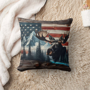 Moose Head Against American Flag and Mountains Cushion