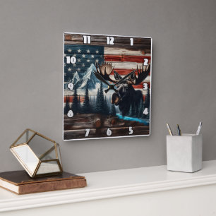 Moose Head Against American Flag and Mountains Square Wall Clock