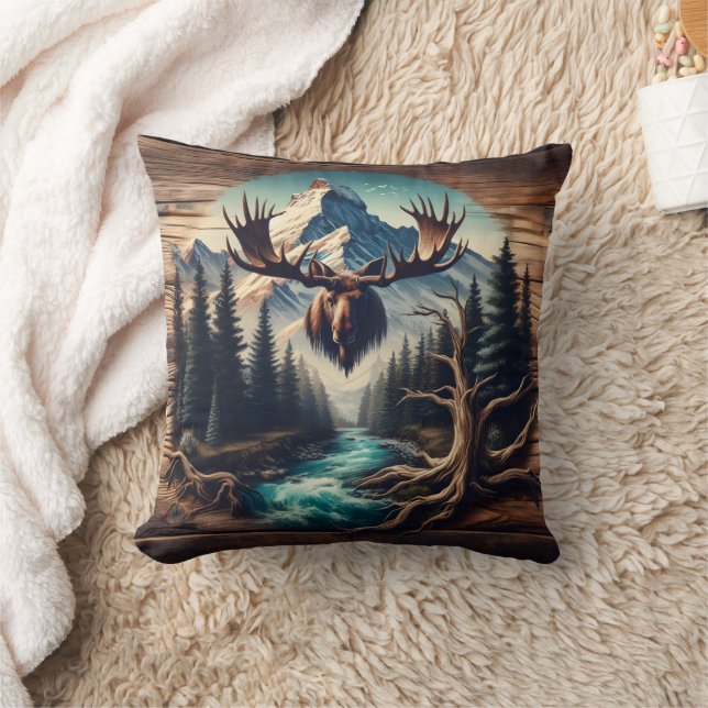 Moose Head Mount Overlooking Mountain Stream Cushion (Blanket)