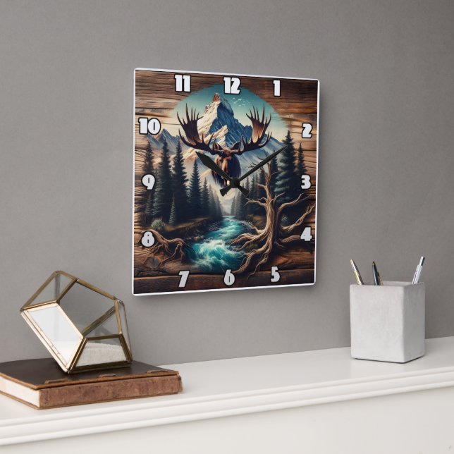 Moose Head Mount Overlooking Mountain Stream Square Wall Clock (Office)
