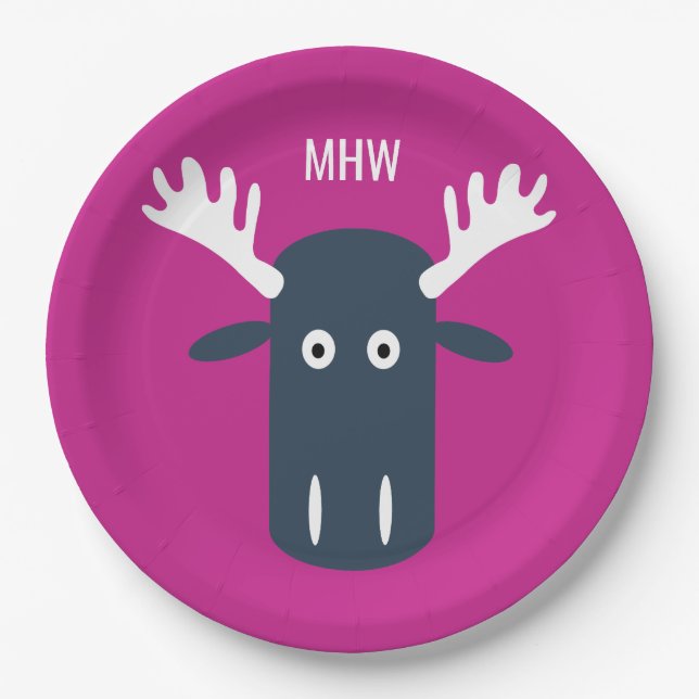 Moose Head Pop Art custom monogram paper plates (Front)
