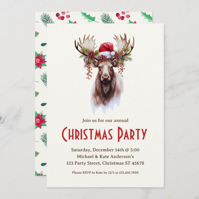 Moose in a Santa Hat Poinsettias Christmas Party I Invitation (Front/Back)