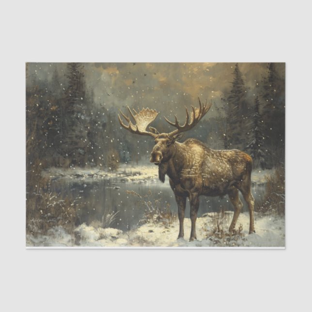 Moose in a Winter Landscape Painting Decoupage Tissue Paper (Front)