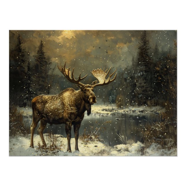 Moose in a Winter Landscape Painting Poster (Front)