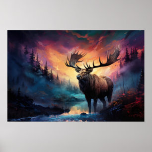 Moose In Canyon Creek With Distant Wildfire Poster