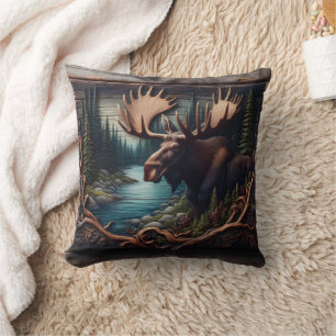 Moose in Forest By a River at Dusk Cushion