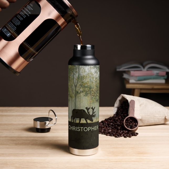 Moose in Forest Illustration Add Name Water Bottle (Coffee)
