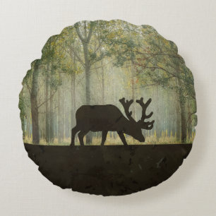 Moose in Forest Illustration Round Cushion