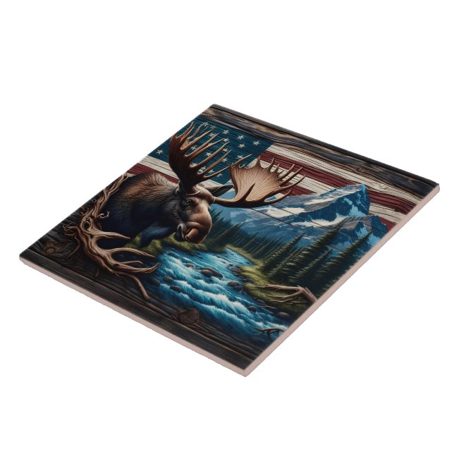 Moose in Front of Mountain and American Flag Ceramic Tile (Side)