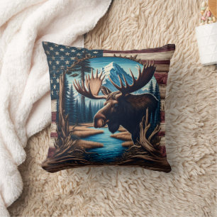 Moose in Front of Mountain and American Flag Cushion