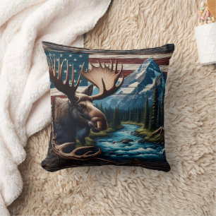 Moose in Front of Mountain and American Flag Cushion