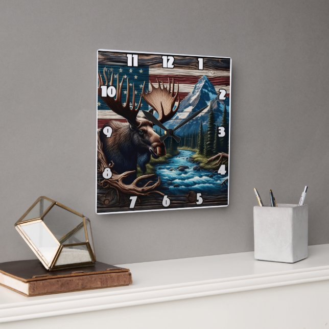 Moose in Front of Mountain and American Flag Square Wall Clock (Office)