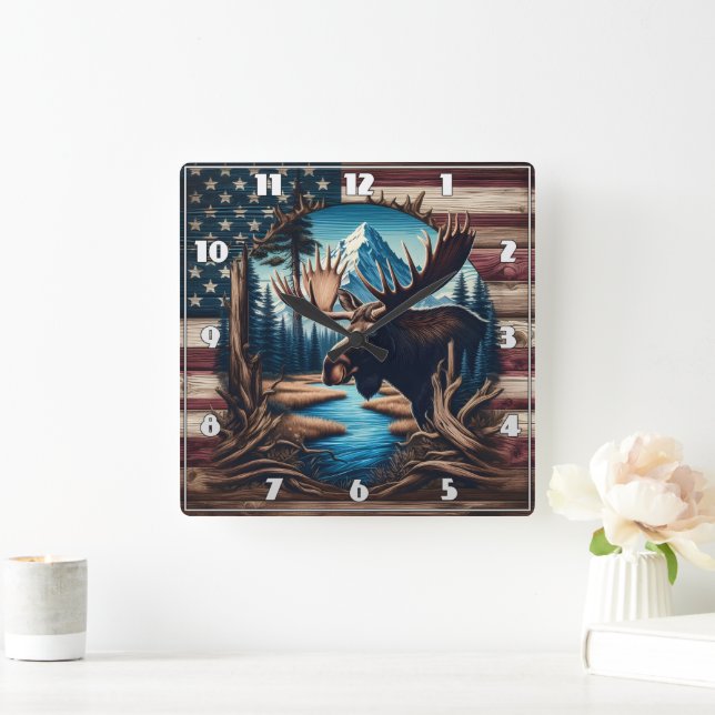 Moose in Front of Mountain and American Flag Square Wall Clock (Home)