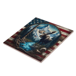 Moose in Mountain Landscape With American Flag Ceramic Tile