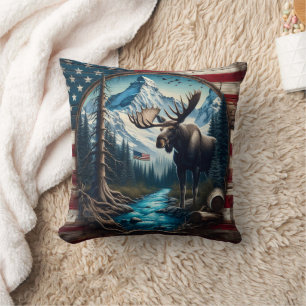 Moose in Mountain Landscape With American Flag Cushion
