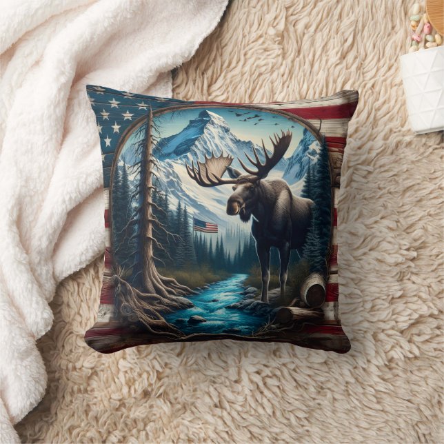 Moose in Mountain Landscape With American Flag Cushion (Blanket)