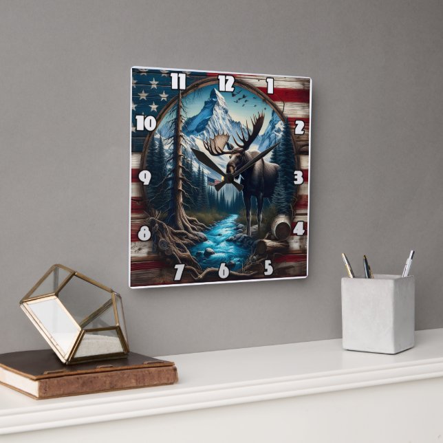Moose in Mountain Landscape With American Flag Square Wall Clock (Office)