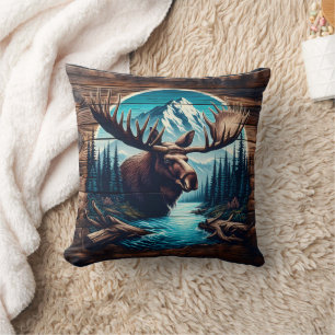 Moose in Mountain Landscape With River and Trees Cushion