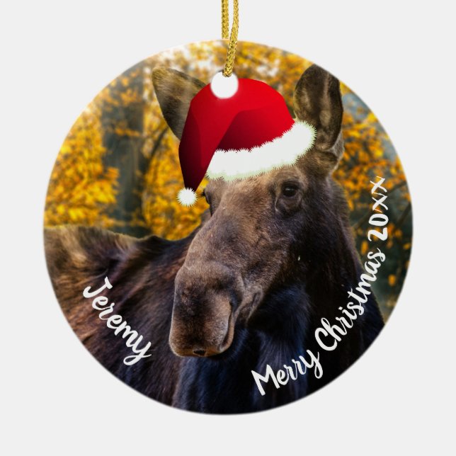  Moose in Santa Hat  Ceramic Ornament (Front)
