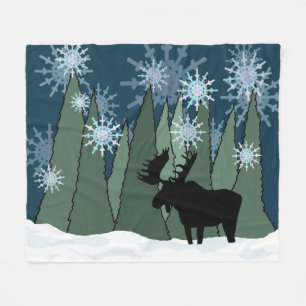 Moose in Silent Snowy Forest Fleece Blanket