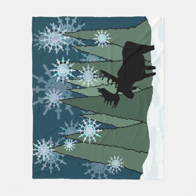 Moose in Silent Snowy Night Fleece Blanket (Front)