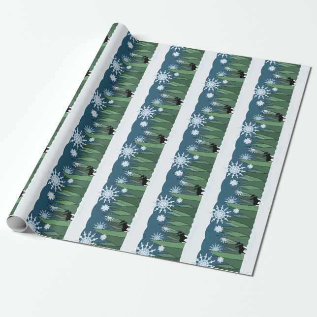 Moose in Snowflake Forest Wrapping Paper (Unrolled)