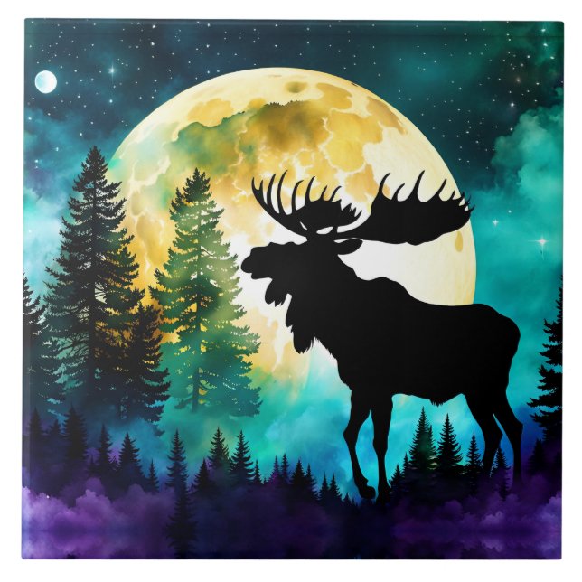 Moose in the forest Full moon  Ceramic Tile (Front)