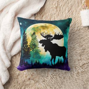 Moose in the forest Full moon Cushion