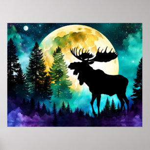 Moose in the forest Full moon Poster