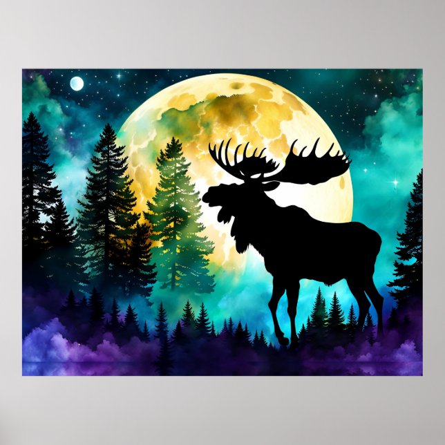 Moose in the forest Full moon  Poster (Front)
