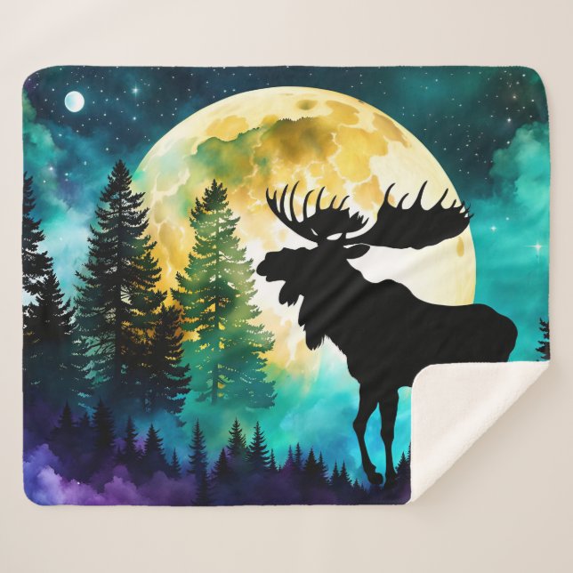 Moose in the forest Full moon  Sherpa Blanket (Front (Horizontal))