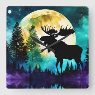 Moose in the forest Full moon  Square Wall Clock