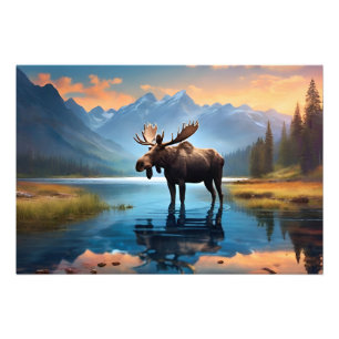 Moose in the lake photo print