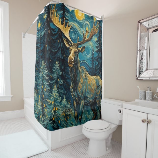 Moose in the Pine Forest Van Gogh Shower Curtain (In Situ)