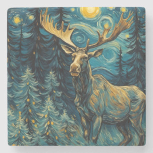 Moose in the Pine Forest Van Gogh Stone Coaster