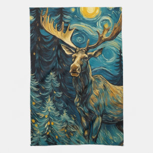 Moose in the Pine Forest Van Gogh Tea Towel